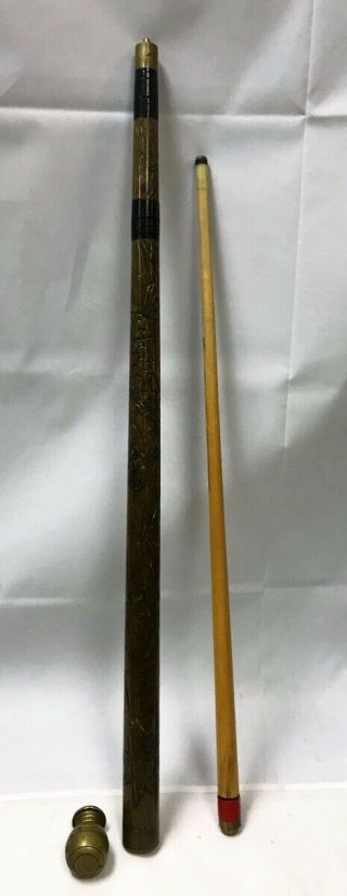 Vintage Hand Carved Wooden Pool Cue / Walking Cane W/ Brass Handle