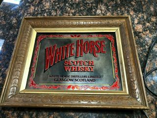 Vtg White Horse Scotch Whisky Mirror - Wood Framed Sign 15 " X 12 " Total Vg Cond