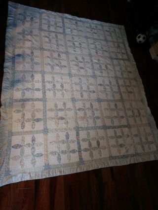 Light Blue White Vintage Hand Quilted Patchwork Quilt - Queen