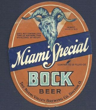 Miami Valley Special Bock Beer Bottle Label,  Irtp,  U - Permit,  Dayton,  Oh,  1930s