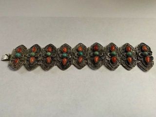 Vintage Chinese Silver Filigree Coral Turquoise Bracelet