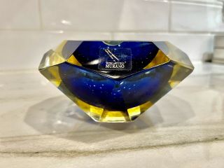 Vintage Italian Murano Mandruzzato Faceted Glass Large Ashtray Blue Amber Bowl
