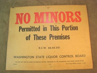 Vintage 1967 Washington State Liquor Control Board Sign No Minors Permitted