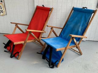 Pair Vintage Pac A Pellican Teak Back Pack Folding Beach Lawn Chairs By Drifter