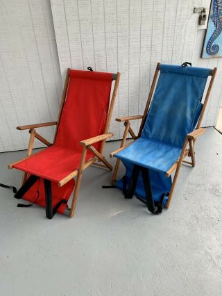 PAIR VINTAGE pac a Pellican TEAK back Pack Folding Beach Lawn Chairs BY DRIFTER 2