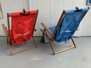 PAIR VINTAGE pac a Pellican TEAK back Pack Folding Beach Lawn Chairs BY DRIFTER 3