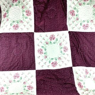 Vintage Hand Made Quilted Cross Stitch Floral Burgundy White 52 X 68 Block Quilt