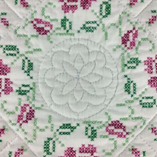 Vintage Hand Made Quilted Cross Stitch Floral Burgundy White 52 x 68 Block Quilt 2