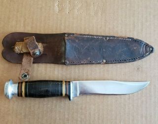 Vintage Kinfolks Knife Fixed Blade Stacked Leather Handle With Sheath