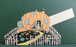 Vntg Art Deco Halloween Bridge Place Marker Family & Pumpkin House Buzza