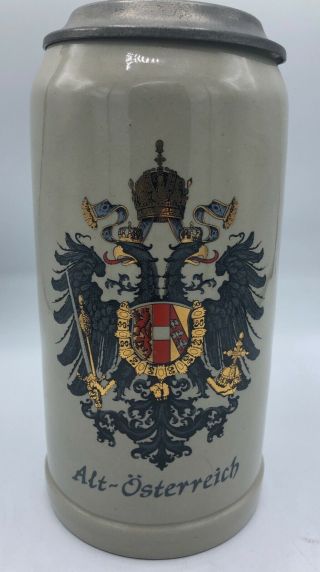 German King Lidded Beer Stein W/ Austrian Crest 1 Liter