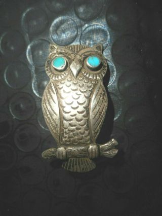 Vintage Sterling Silver Turquoise Inlay Eyed Owl Pin Long Pinback Unmarked