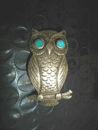 Vintage Sterling Silver Turquoise Inlay Eyed Owl Pin Long Pinback Unmarked 2