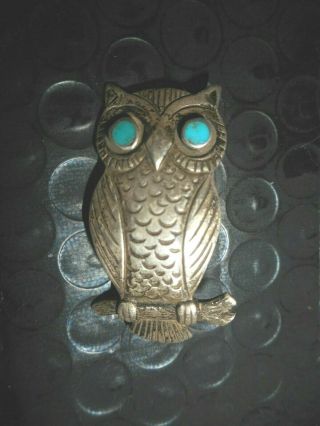 Vintage Sterling Silver Turquoise Inlay Eyed Owl Pin Long Pinback Unmarked 3