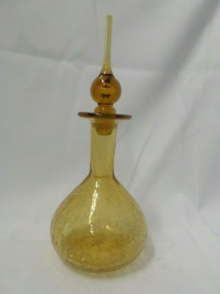 Vintage 8 " Amber Crackle Glass Decanter With Tear Drop Stopper