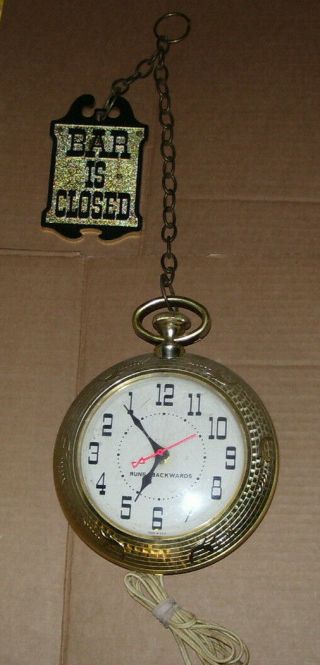 Vintage Spartus Backward Clock " Bar Is Open,  " Bar Is Closed " Sign On Chain