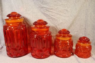 Vintage L E Smith " Moon And Stars " Flame Or Ambrenia 4 Piece Canister Set