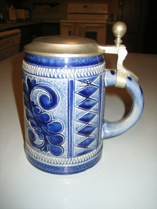 Marzi & Remy German Beer Stein With Lid Cobalt Blue And White Diamond Pattern