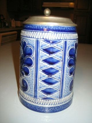 Marzi & Remy German Beer Stein with Lid Cobalt Blue and White Diamond Pattern 2