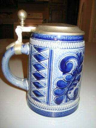 Marzi & Remy German Beer Stein with Lid Cobalt Blue and White Diamond Pattern 3