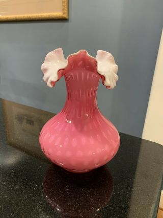 Vintage Fenton 7 1/4” Bubble Optic Wild Rose Vase Cranberry