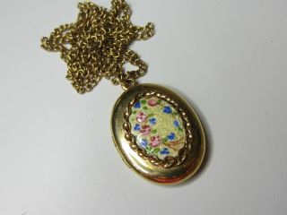 Vintage Gold Filled Oval Photo Locket & Chain Necklace Enamel Roses Front