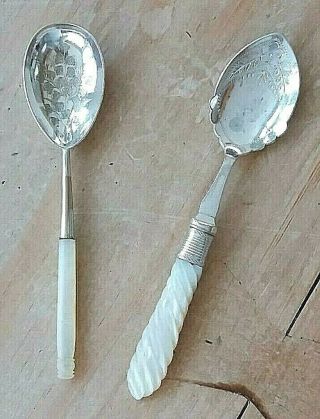 2 Pretty Antique Silver Plated Jam / Preserves Spoons,  Mother Of Pearl Handles