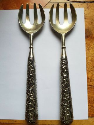 Vintage Rajasthani Silverplated Serving Forks.  Engraved Handles.