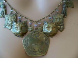 Vintage 1970`s Pididdly Links Cat Lover`s Necklace Brass & Crystal 15 Charms