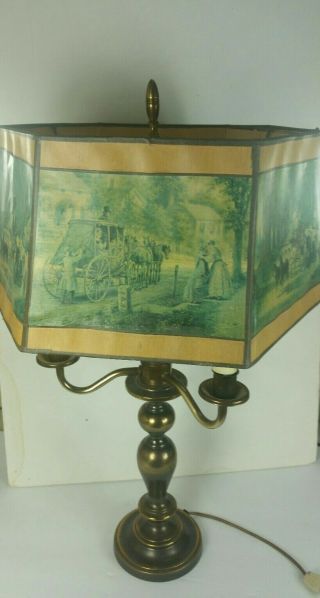 Vintage Leviton Brass 3 Arm Candelabra Table Lamp W/ Scenic Paper Shade