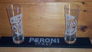 Peroni Signature Tumbler 2 Beer Pint Glasses & Bar Mat Runner