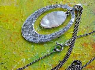 Hammered Studio Solid Sterling Silver & Mother Of Pearl Pendant & Chain.