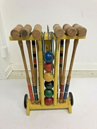Vintage Wood Croquet Set W Caddy Wooden Carrier Stand Rack Lawn Game 60s Rolling