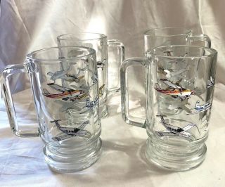 Set Of 4 Vintage Glass Beer Mugs With Various Propeller Airplanes