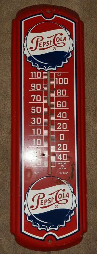 Vtg Pepsi - Cola Tru - Temp Advertising Thermometer Made In Usa Bottle Cap