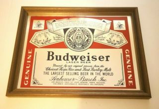 Vintage Budweiser Beer Mirror Bar Tavern Man Cave Sign Framed 10 " X 13 "