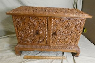 Vintage Ornate Carved Wood Jewelry Box W/ 4 Drawers & 5 Compartments 19x10x13 "