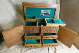 Vintage Ornate Carved Wood Jewelry Box w/ 4 Drawers & 5 Compartments 19x10x13 