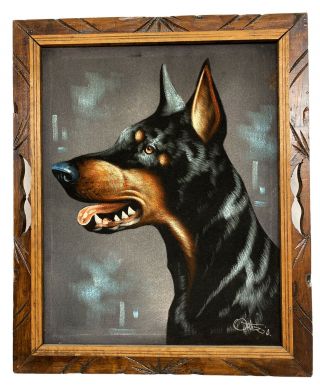 Vintage Doberman Pinscher Black Velvet Painting Mid Century Modern Dog Ortiz