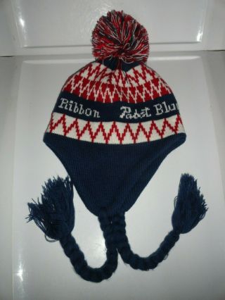 Pabst Blue Ribbon Beer Winter Knit Stocking Cap W/ Ear Flaps Pbr