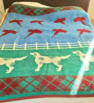 Vintage Crown Craft Plush Reversible Blanket Pheasants Dogs Hunting Ducks 60x80