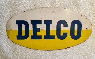 Vintage Delco Battery Metal Painted Sign Gas Oil Auto