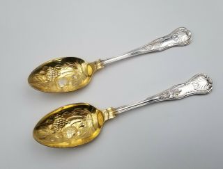 2 Serving Spoons Kings By Sheffield Silverplate Gold Wash Embossed Fruit 9 "