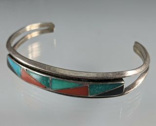 C - R Zunie Sterling Silver Turquoise Coral Onyx Cuff Bracelet Small Old Pawn Vtg