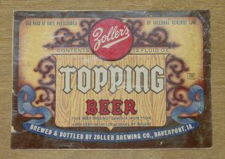 1 Beer Label From Davenport,  Iowa,  Zoller 