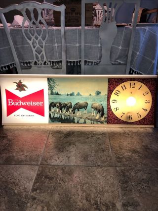 Vintage Budweiser Bar Clock Clydesdale ' s Lighted Clock Beer Sign 16” X 50” 3