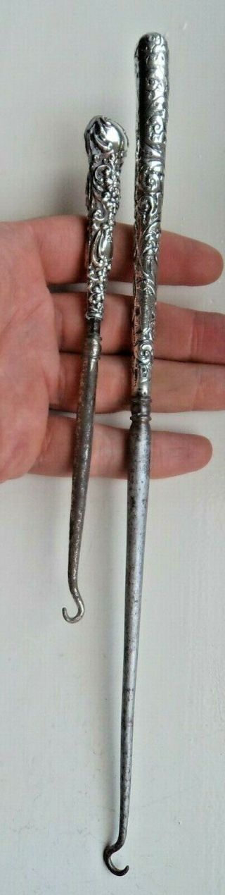 Pair Victorian / Edwardian Solid Silver Mounted Button Hooks