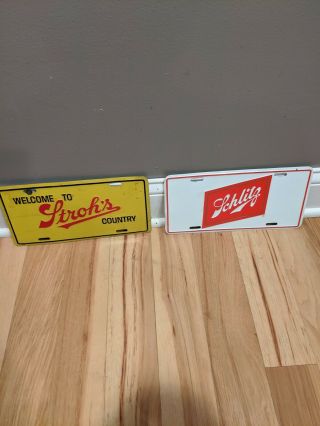 Vintage Strohs And Schlitz Beer Sign License Plate Displays