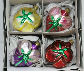 Set Of 4 Vintage Germany Blown Glass Christmas Ornaments Rose Pansy J291