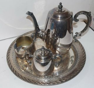 Vintage Wm.  Rogers Silver Tea Set Pot Creamer & Sugar Bowl With Tray